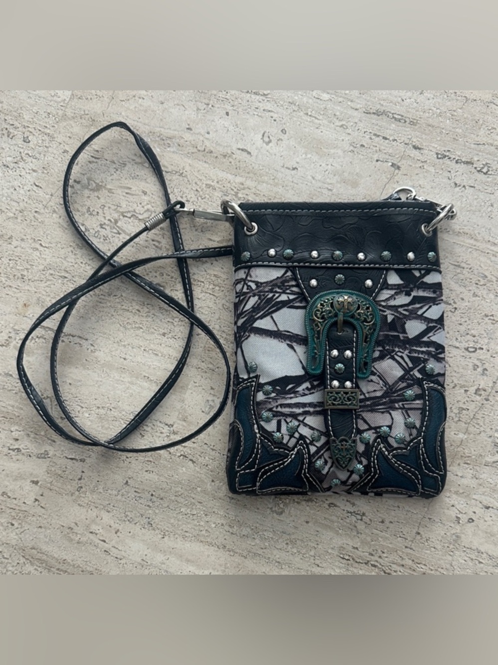 COWGIRL TENDY Studded Branch Camo Leather Vintage Teal Western Buckle Crossbody
